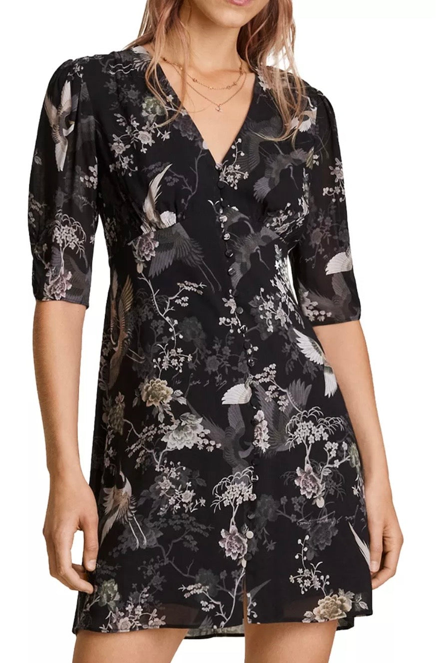 NWT All Saints Kota Amare Eco Viscose Bird Print Button Down Mini Dress