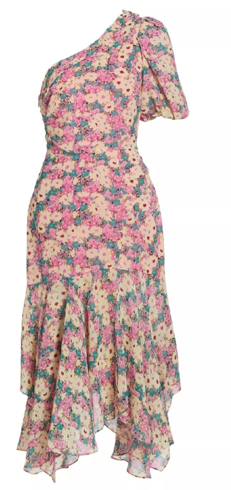 Revolve’s ASTR The Label Pink Floral One Puff Sleeve Asymmetrical Midi Dress