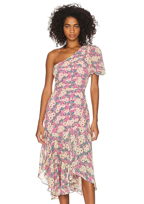 Revolve’s ASTR The Label Pink Floral One Puff Sleeve Asymmetrical Midi Dress