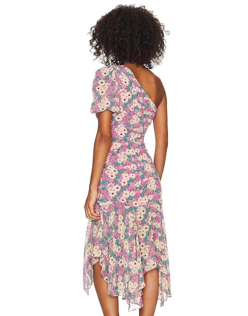 Revolve’s ASTR The Label Pink Floral One Puff Sleeve Asymmetrical Midi Dress