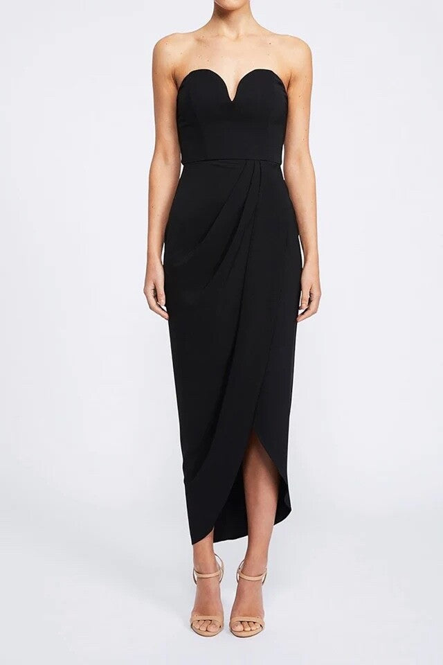 Shona Joy Dark Navy Blue U Bustier Wired Draped Strapless Midi Dress