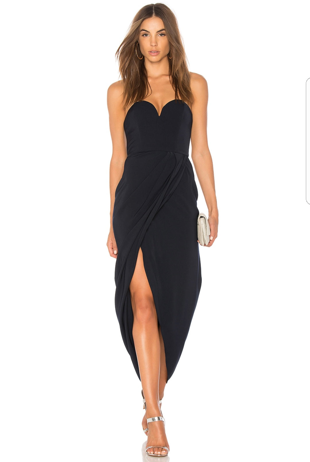 Shona Joy Dark Navy Blue U Bustier Wired Draped Strapless Midi Dress