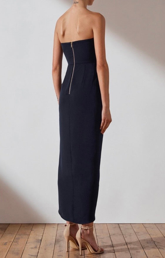 Shona Joy Dark Navy Blue U Bustier Wired Draped Strapless Midi Dress