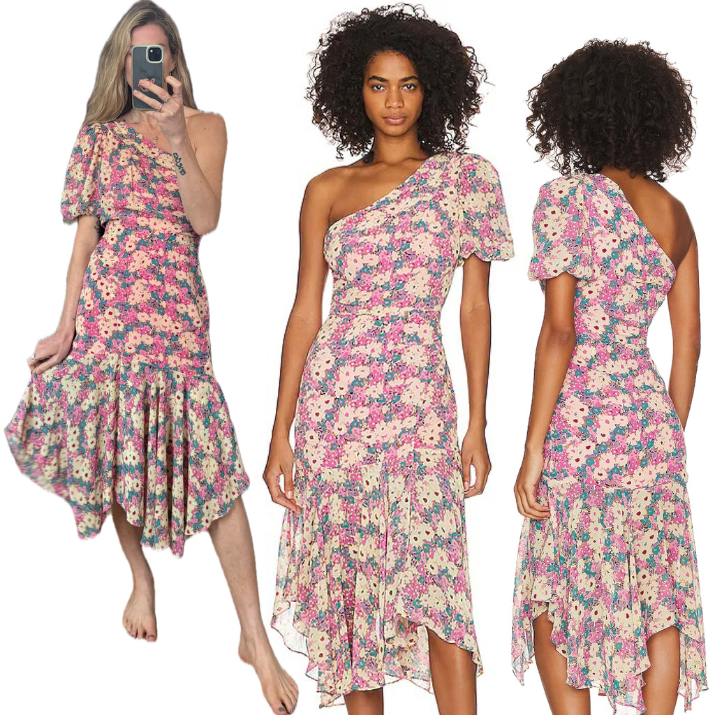 Revolve’s ASTR The Label Pink Floral One Puff Sleeve Asymmetrical Midi Dress