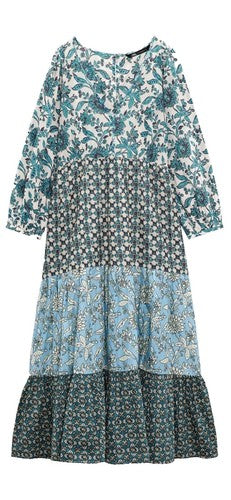 Zara Boho Floral Patchwork Print Tiered 100% Cotton Blue Boho Maxi Dress