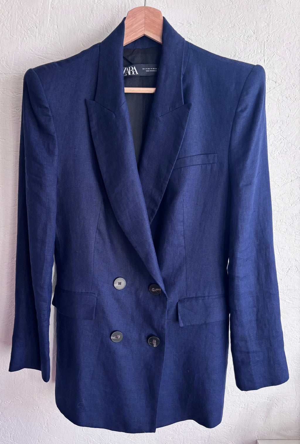 Zara Dark Navy Blue 100% Linen Long Double Breasted Lightweight Blazer Jacket