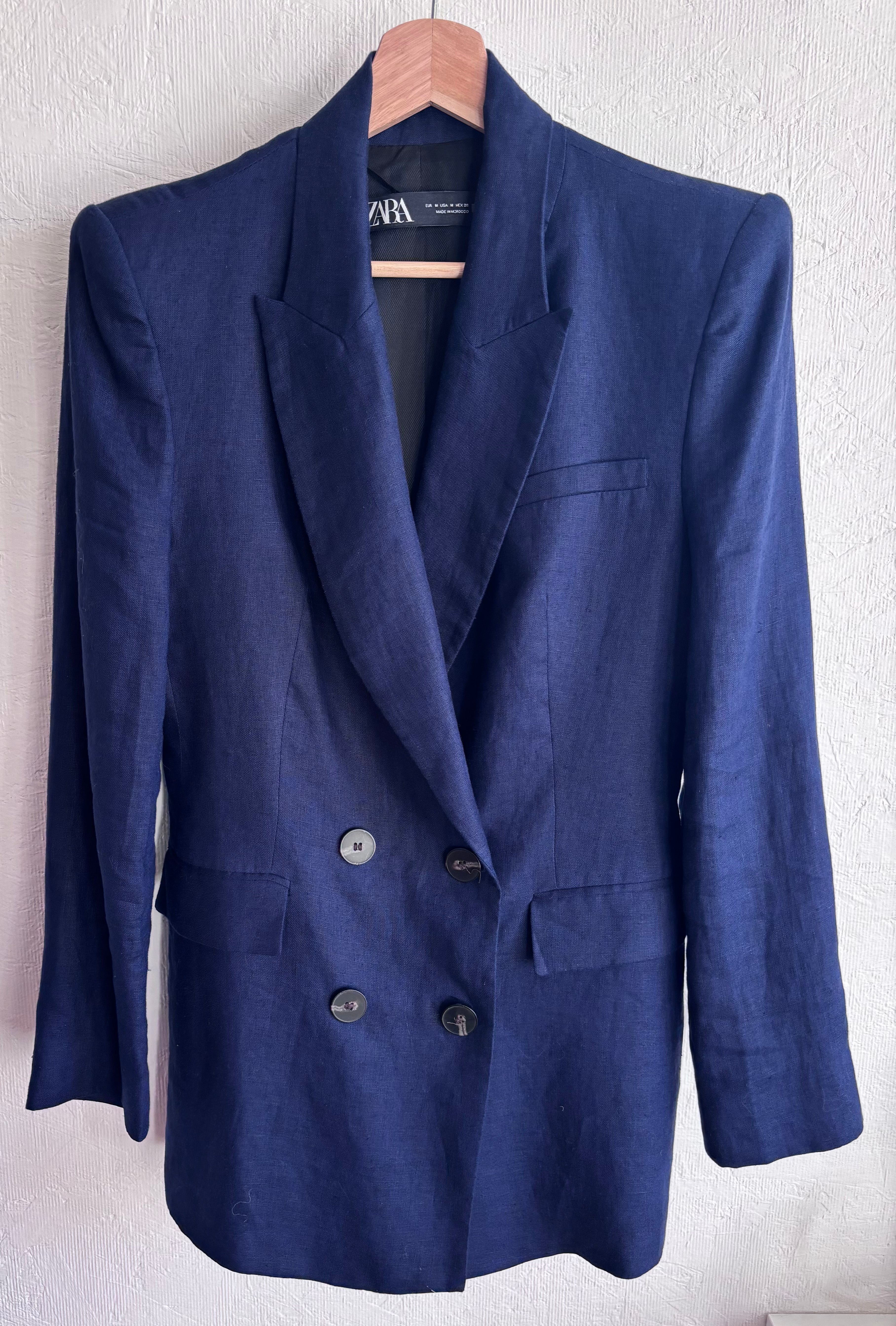 Zara Dark Navy Blue 100% Linen Long Double Breasted Lightweight Blazer Jacket