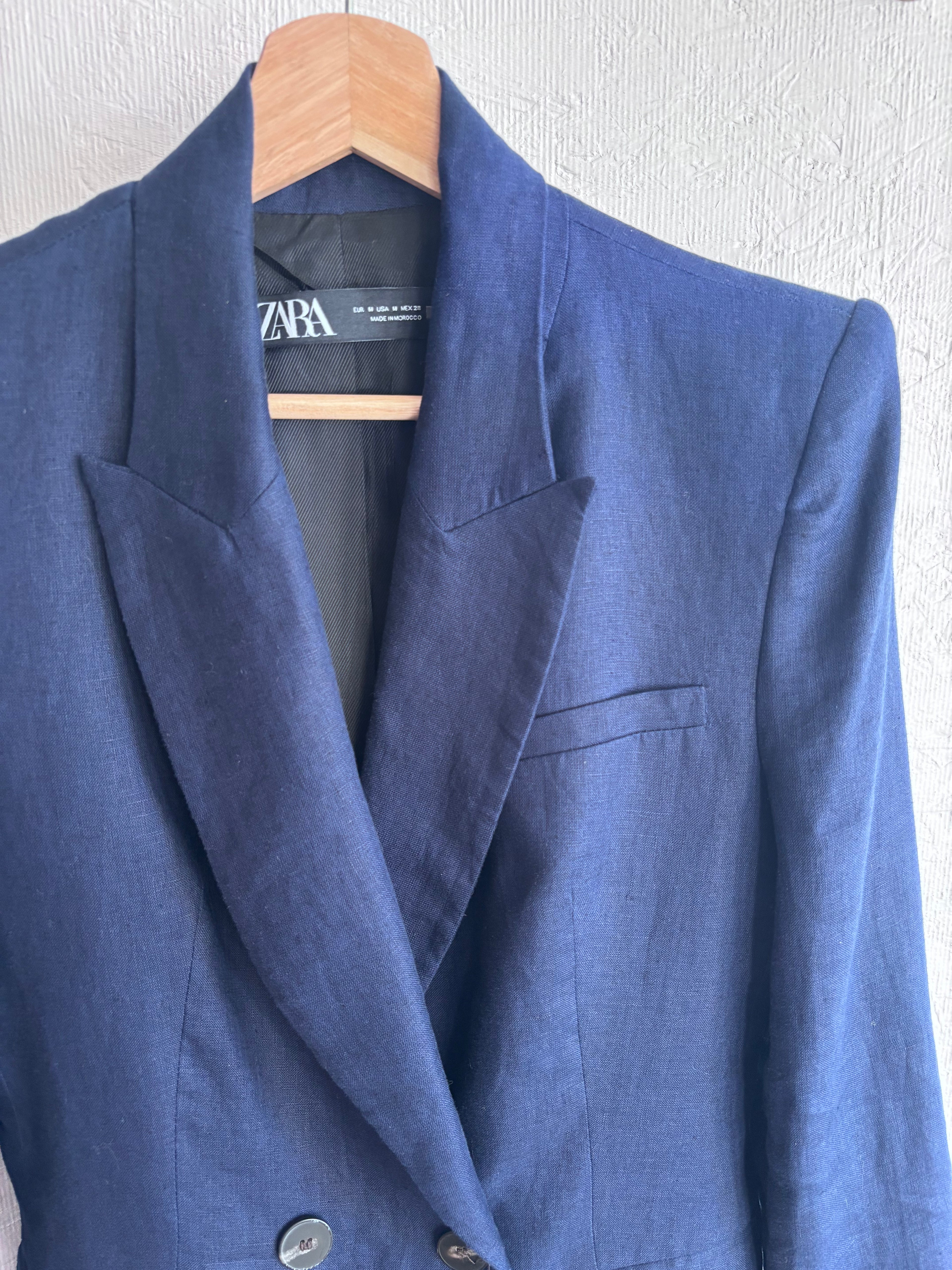 Zara Dark Navy Blue 100% Linen Long Double Breasted Lightweight Blazer Jacket
