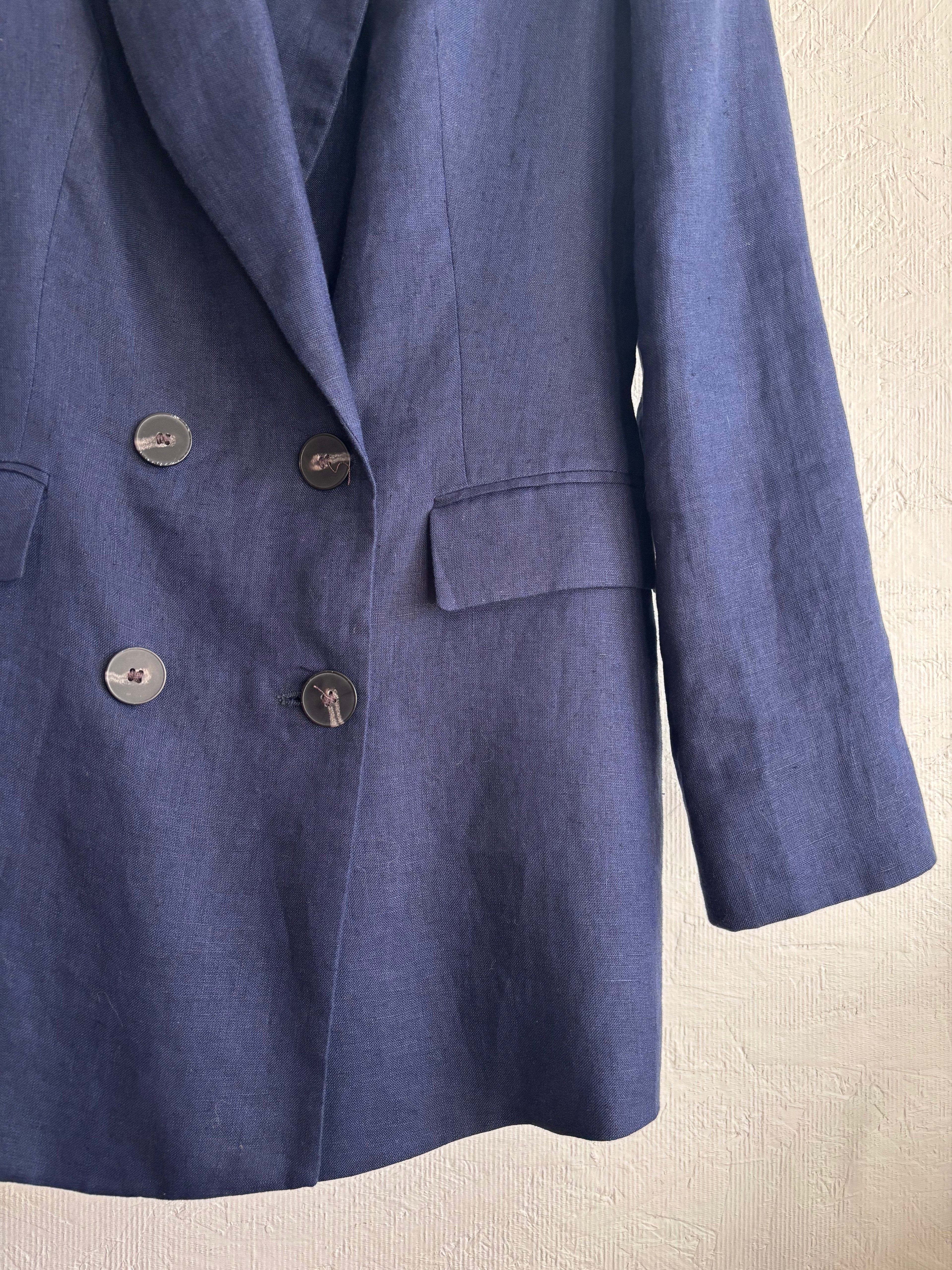 Zara Dark Navy Blue 100% Linen Long Double Breasted Lightweight Blazer Jacket