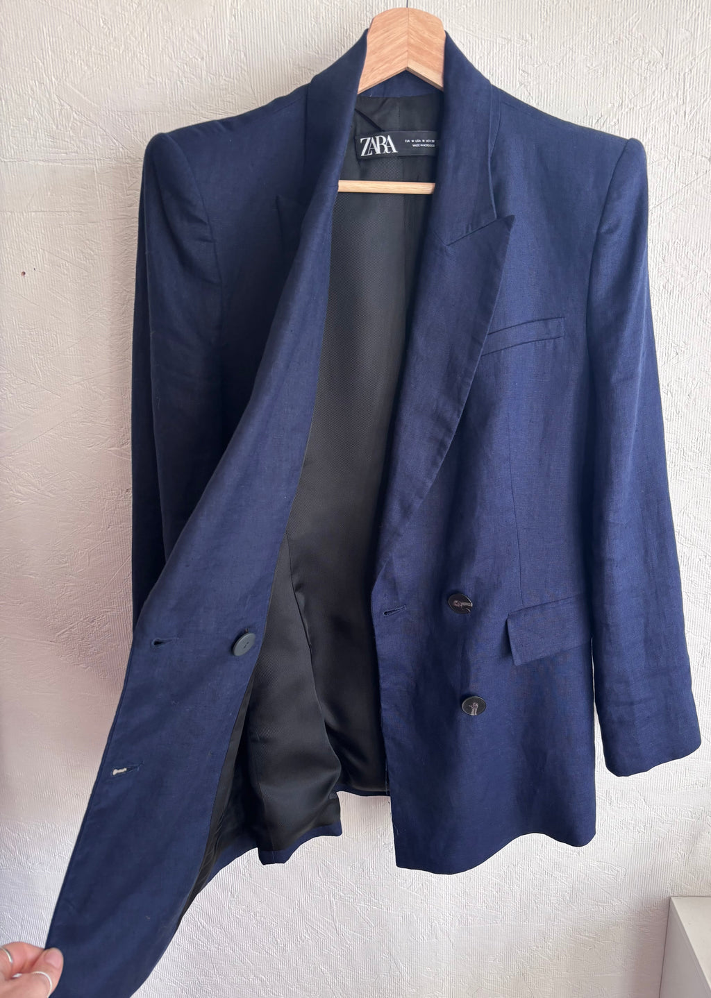Zara Dark Navy Blue 100% Linen Long Double Breasted Lightweight Blazer Jacket