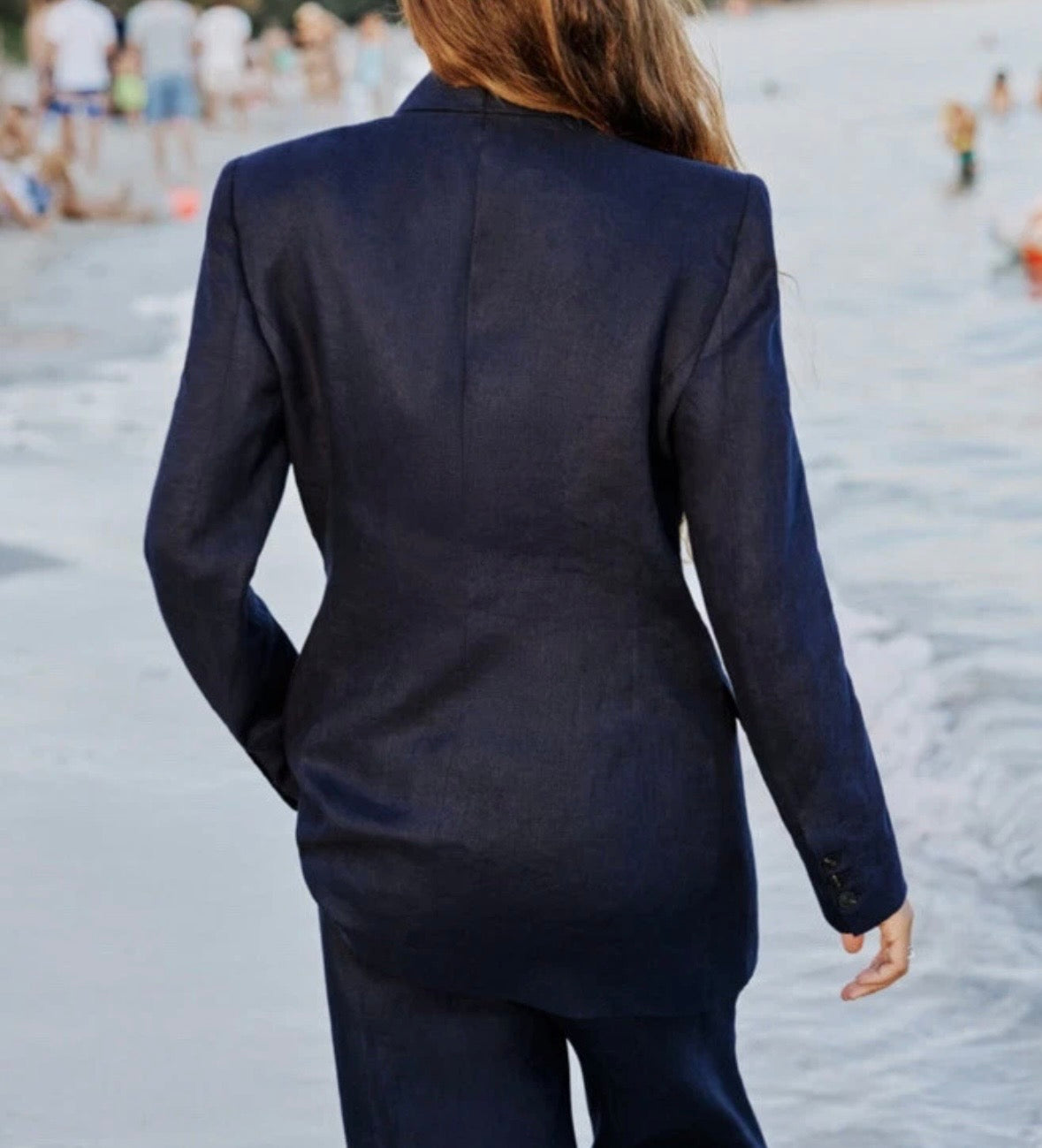 Zara Dark Navy Blue 100% Linen Long Double Breasted Lightweight Blazer Jacket