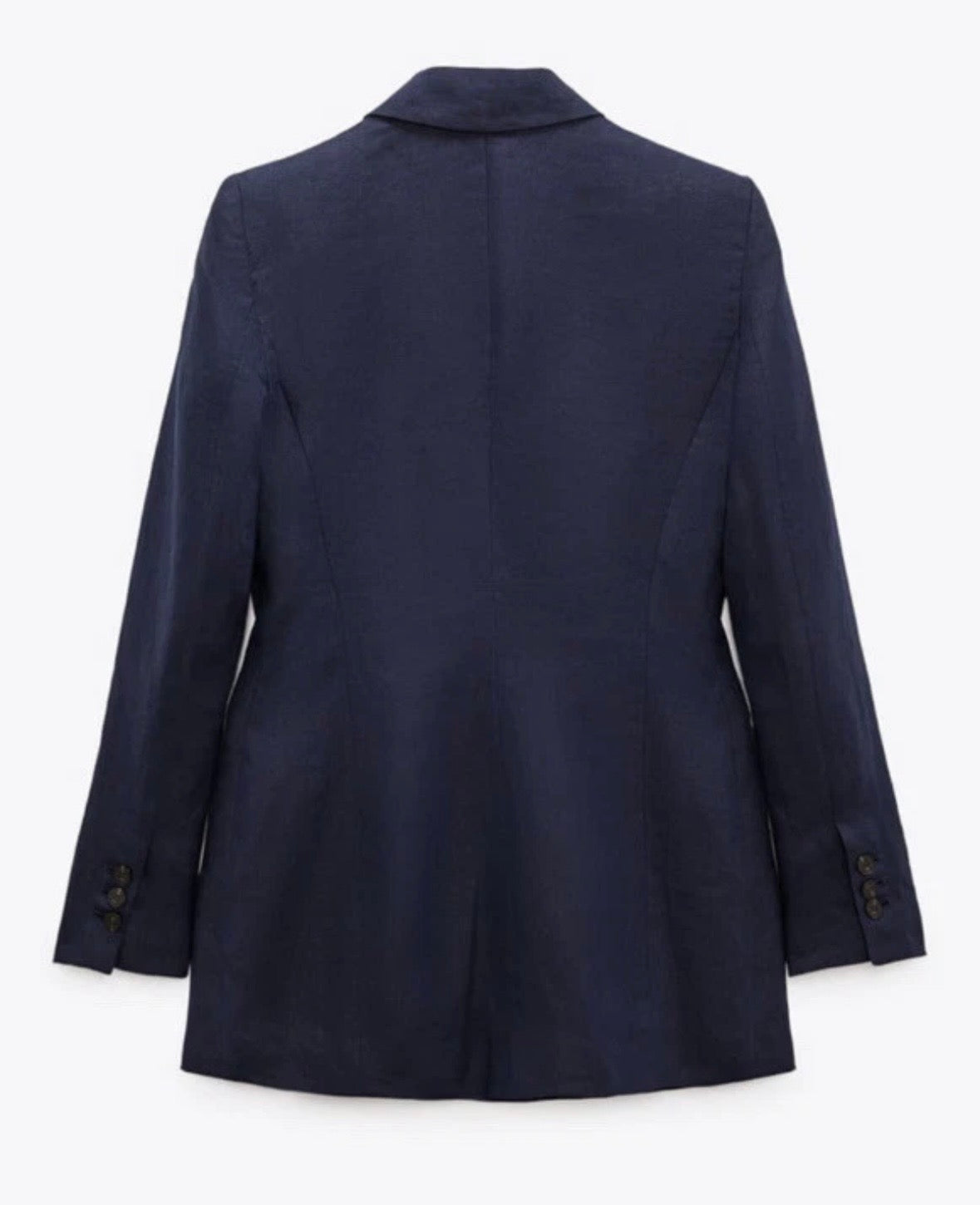 Zara Dark Navy Blue 100% Linen Long Double Breasted Lightweight Blazer Jacket