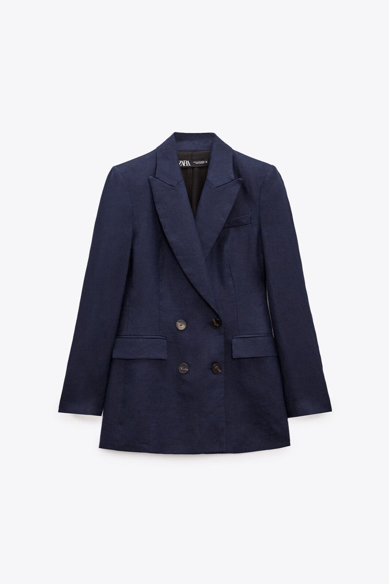 Zara Dark Navy Blue 100% Linen Long Double Breasted Lightweight Blazer Jacket