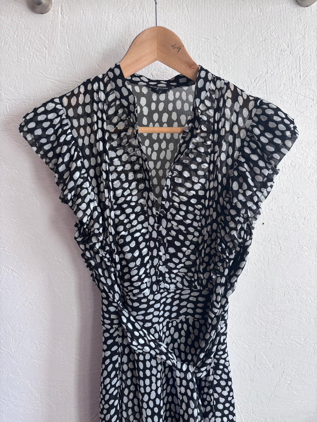 Club Monaco Black White Sandra Polka Dot Microdot Ruffle Sleeveless Button Down Belted Midi Dress