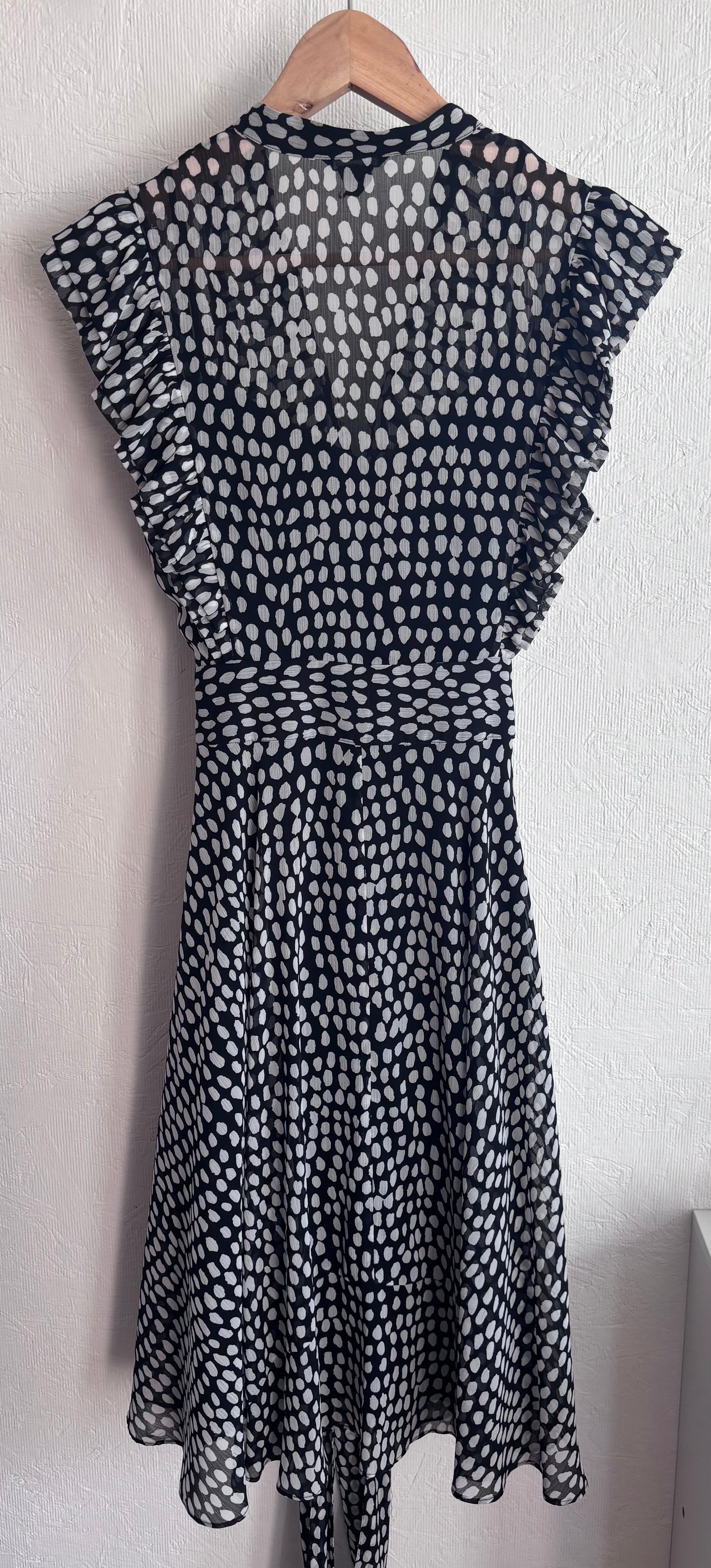Club Monaco Black White Sandra Polka Dot Microdot Ruffle Sleeveless Button Down Belted Midi Dress
