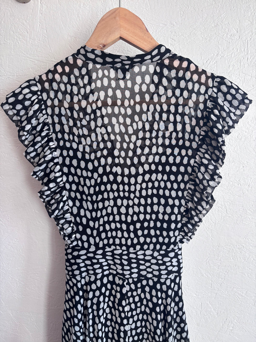 Club Monaco Black White Sandra Polka Dot Microdot Ruffle Sleeveless Button Down Belted Midi Dress
