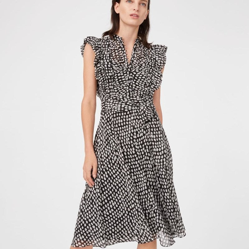Club Monaco Black White Sandra Polka Dot Microdot Ruffle Sleeveless Button Down Belted Midi Dress