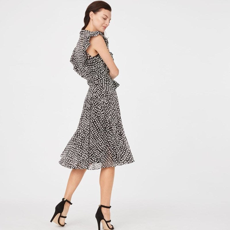 Club Monaco Black White Sandra Polka Dot Microdot Ruffle Sleeveless Button Down Belted Midi Dress