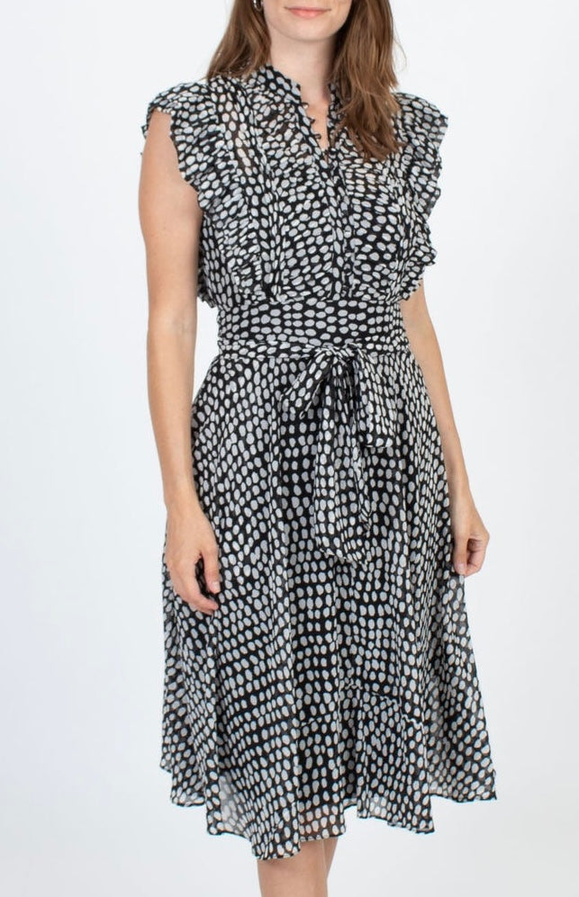 Club Monaco Black White Sandra Polka Dot Microdot Ruffle Sleeveless Button Down Belted Midi Dress
