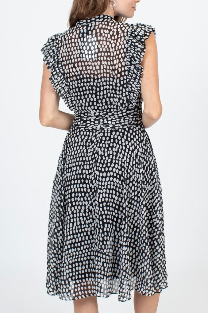 Club Monaco Black White Sandra Polka Dot Microdot Ruffle Sleeveless Button Down Belted Midi Dress