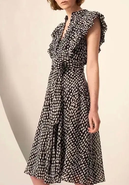 Club Monaco Black White Sandra Polka Dot Microdot Ruffle Sleeveless Button Down Belted Midi Dress