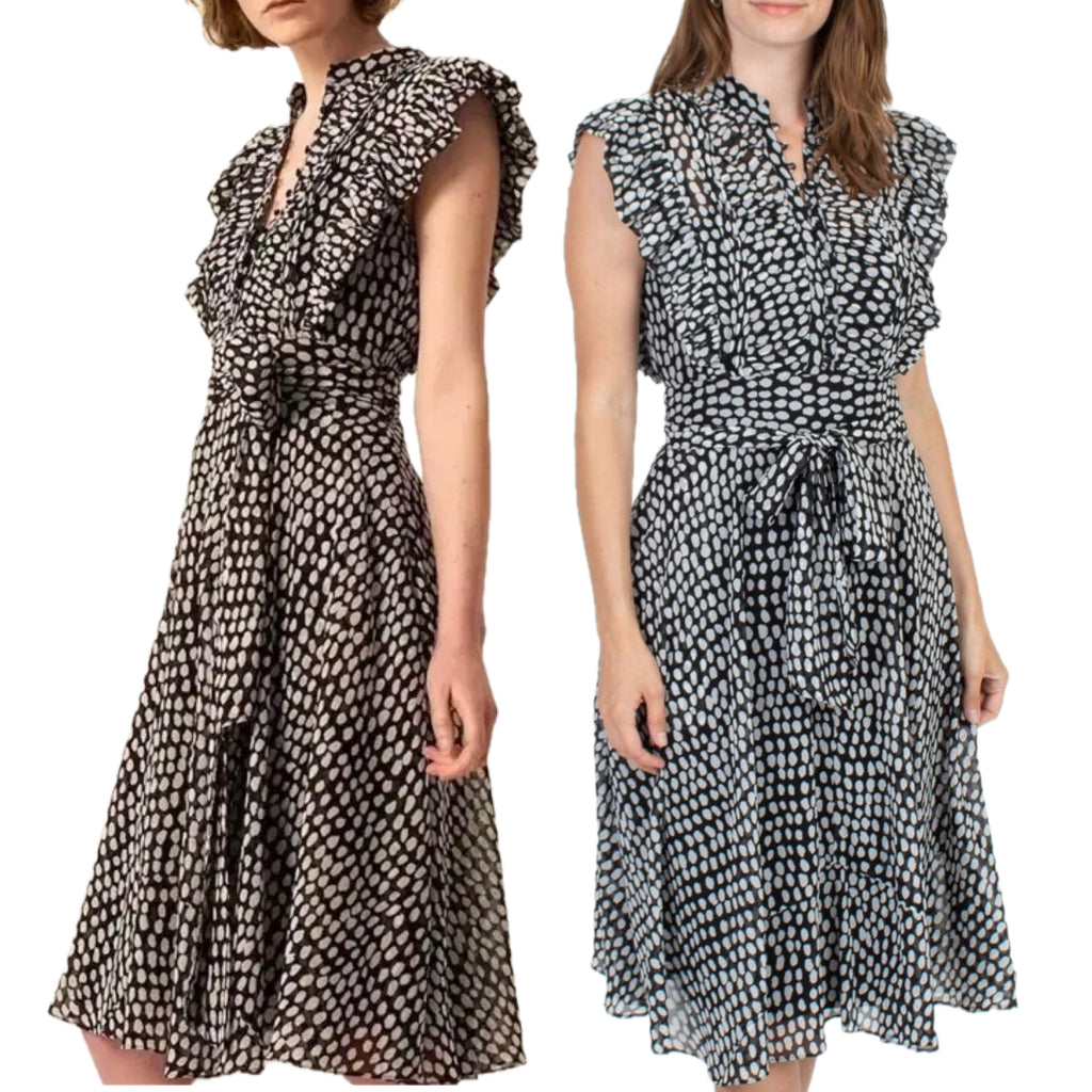 Club Monaco Black White Sandra Polka Dot Microdot Ruffle Sleeveless Button Down Belted Midi Dress