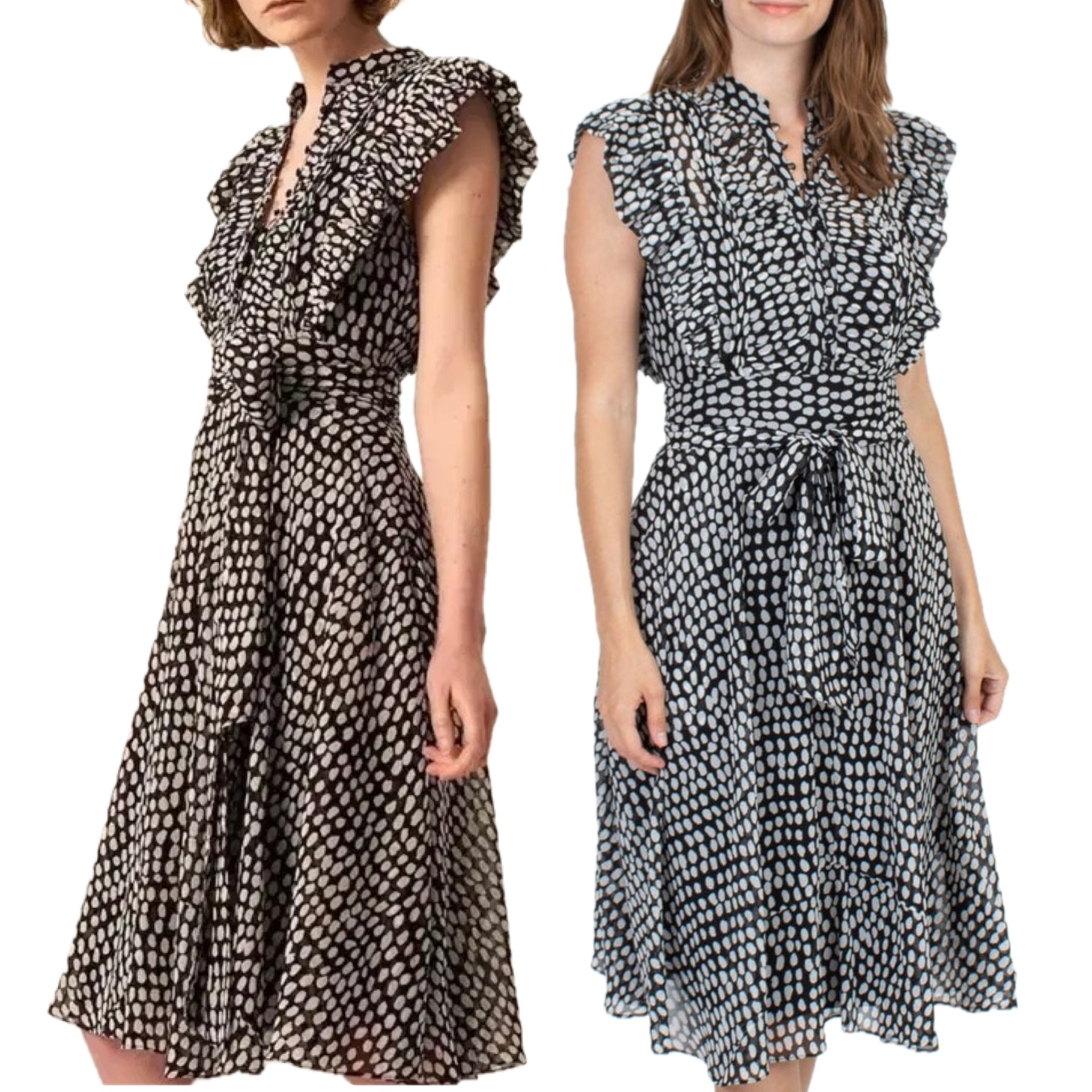 Club Monaco Black White Sandra Polka Dot Microdot Ruffle Sleeveless Button Down Belted Midi Dress