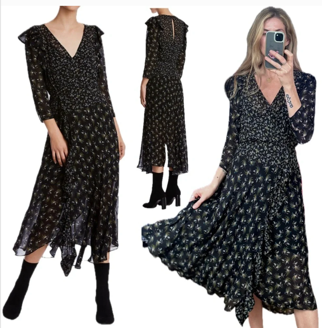 Anthropologie's Bailey 44 Ophelia Black Floral Print Ruffle Midi V Neck Boho Dress