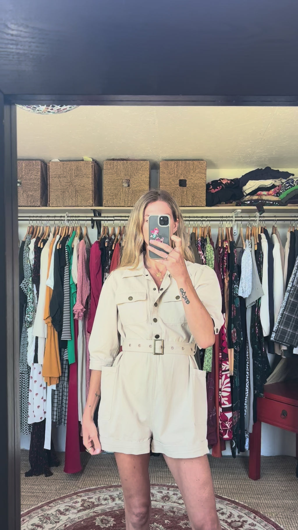 Brandless Cream Belted Button Down Oversized Utility Combat Shorts Playsuit
