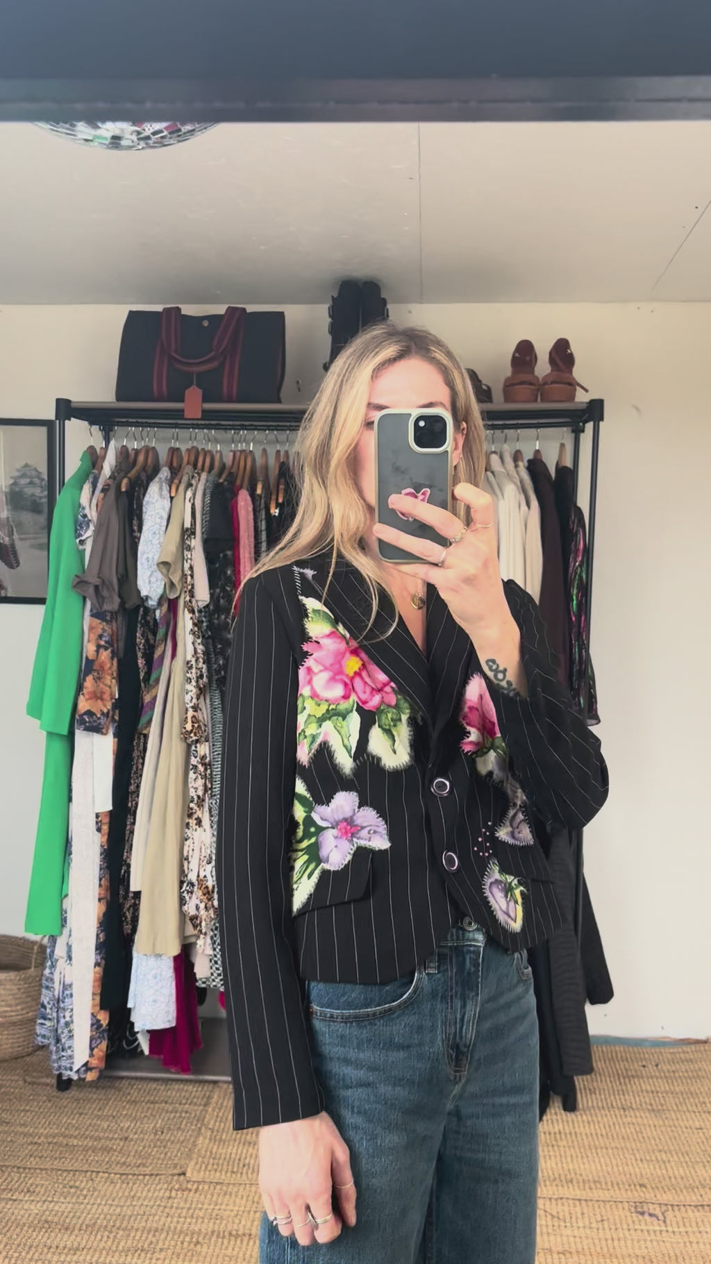 Vintage Simon Chang Pinstripe Floral Embroidered Painted Patchwork Blazer Jacket
