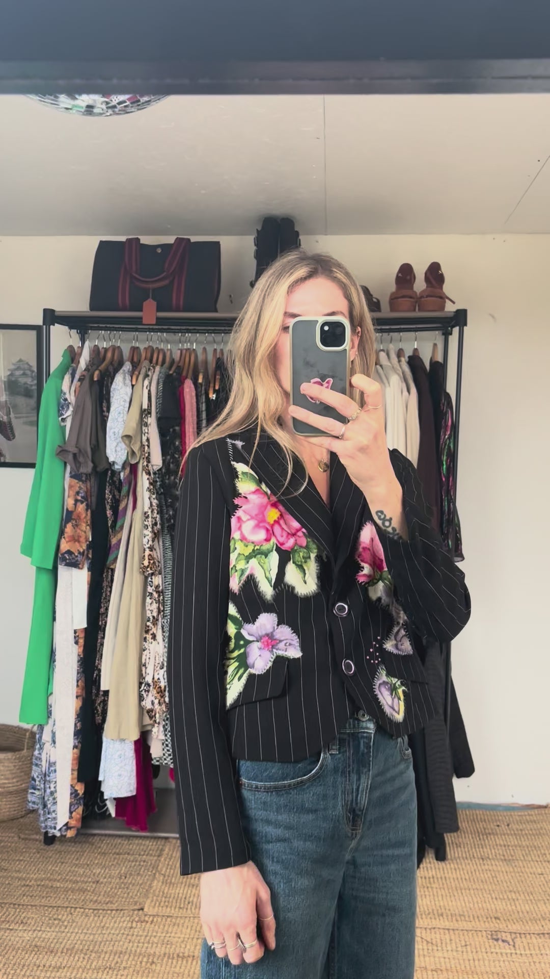 Vintage Simon Chang Pinstripe Floral Embroidered Painted Patchwork Blazer Jacket
