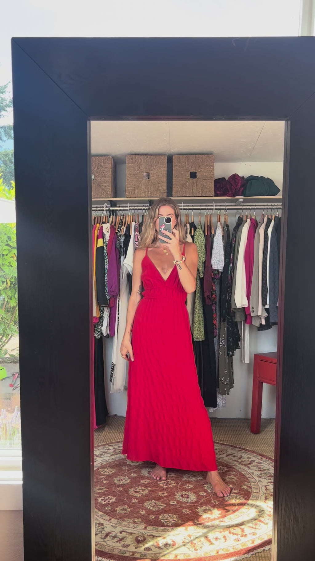 RW&CO Red V Neck Textured Spaghetti Strap Lightweight Maxi Dress