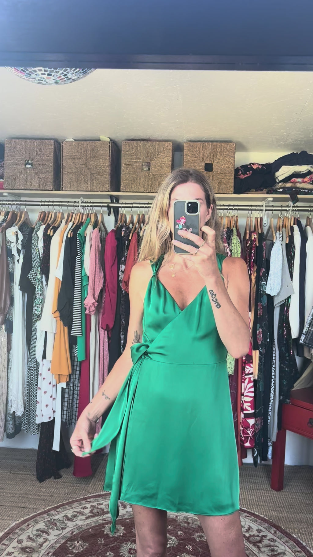 NWT Ramy Brook Emerald Jade Green Satin Charmeuse Mini Knot Detail Wrap Dress