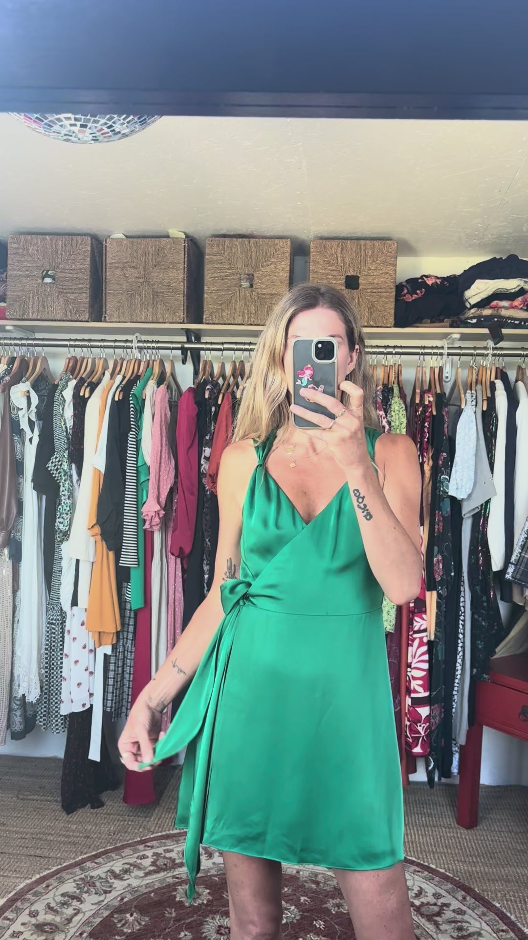 NWT Ramy Brook Emerald Jade Green Satin Charmeuse Mini Knot Detail Wrap Dress