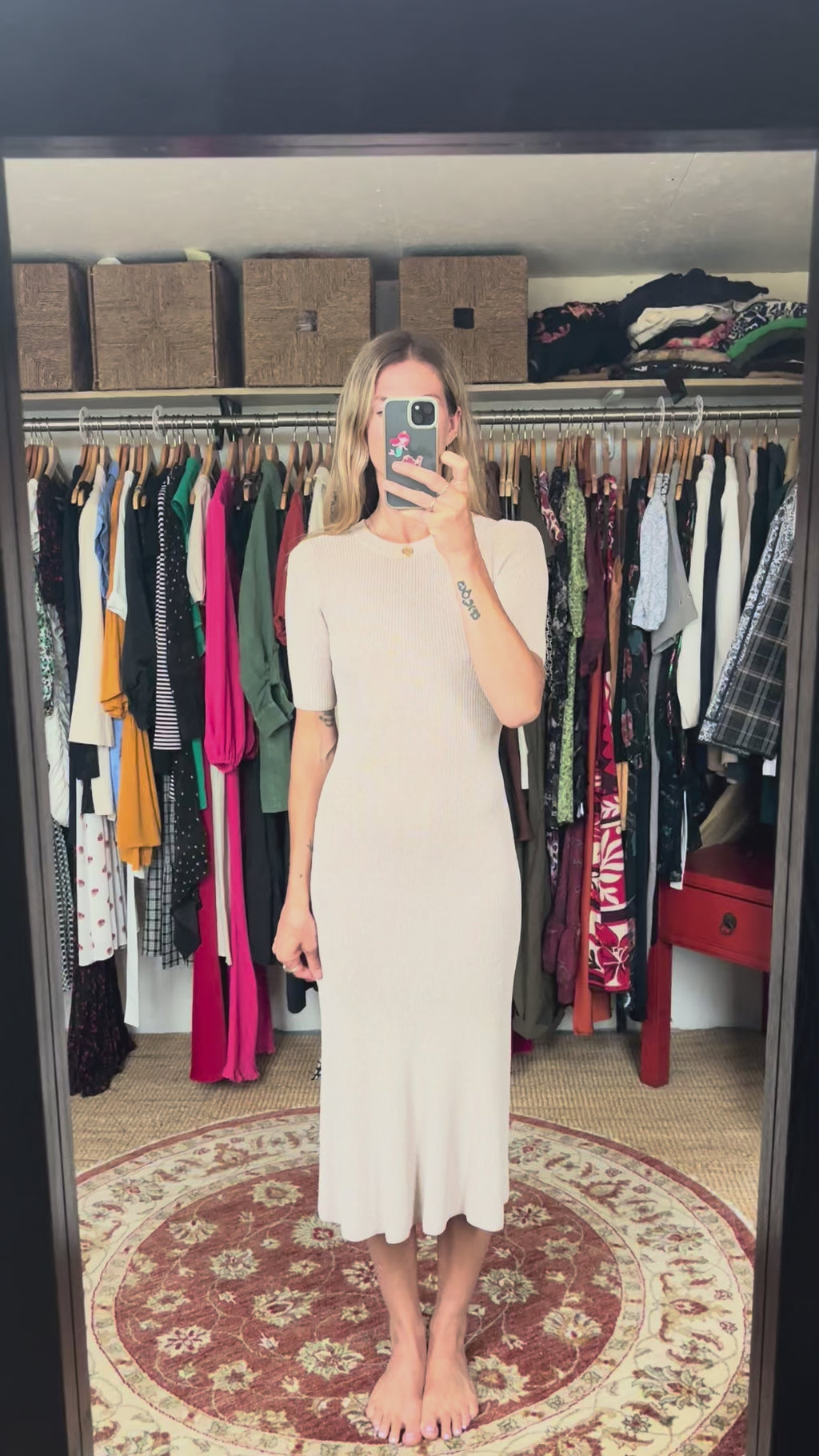 RARE Wilfred Aritzia Knit Woven Crochet Silhouette Cream Beige Midi Fishtail Dress