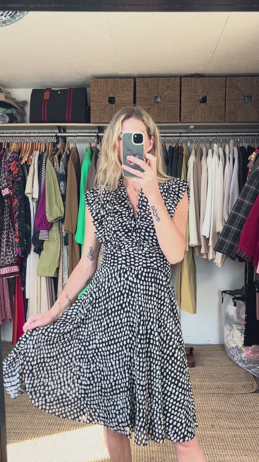 Club Monaco Black White Sandra Polka Dot Microdot Ruffle Sleeveless Button Down Belted Midi Dress