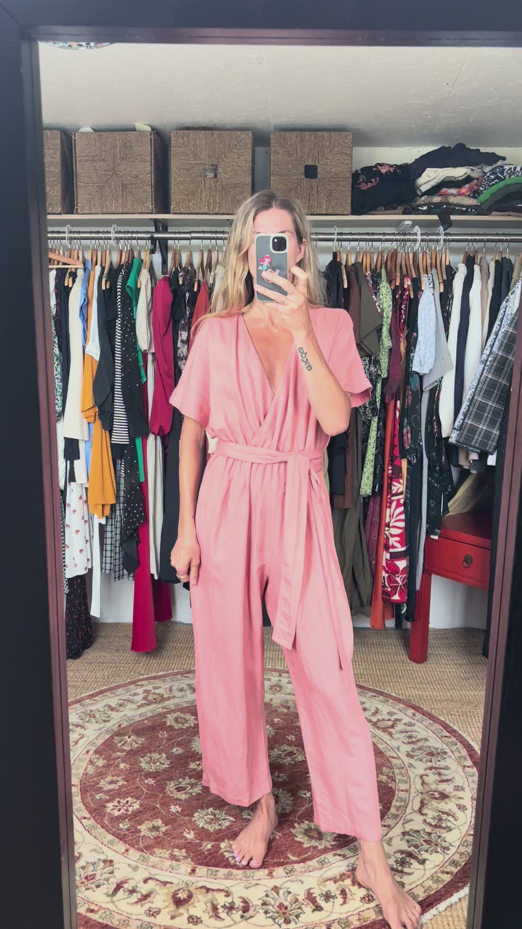 OYSHO Dusty Pink Linen V Neck Blend Short Sleeve Belted Jumpsuit