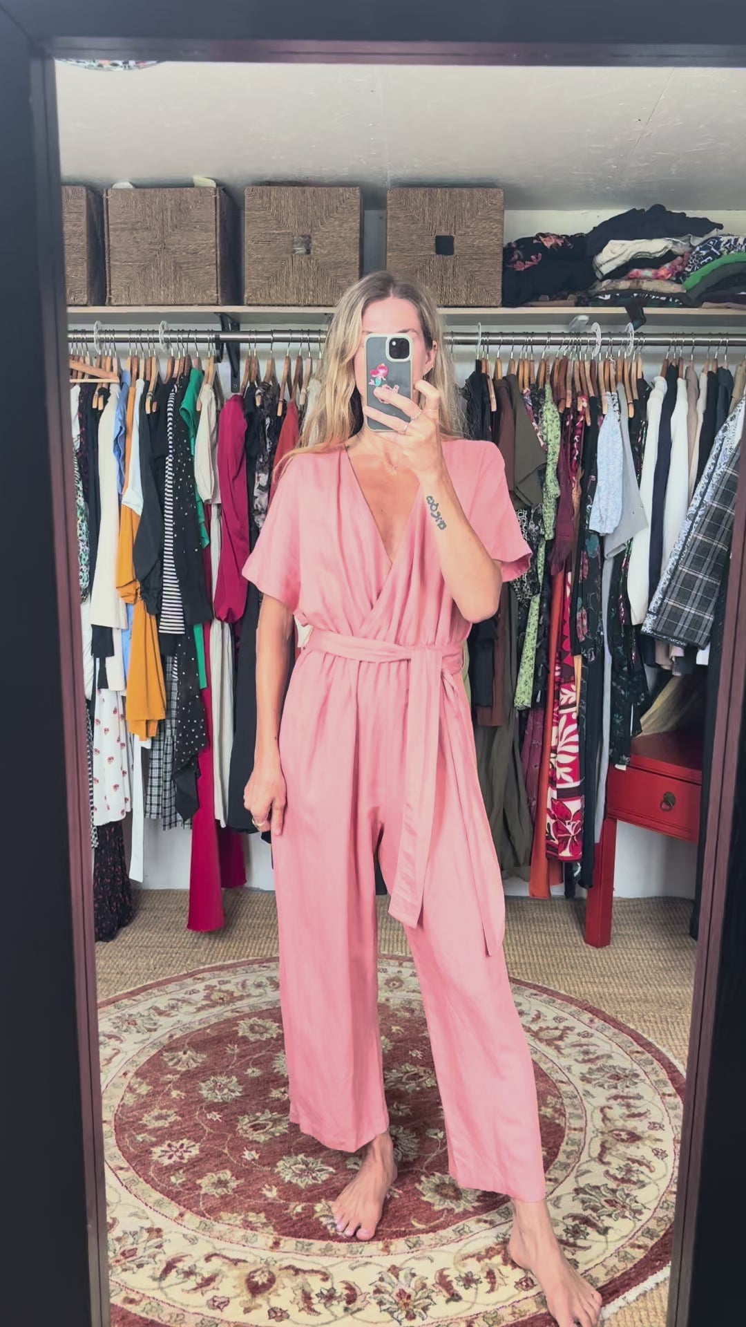 OYSHO Dusty Pink Linen V Neck Blend Short Sleeve Belted Jumpsuit