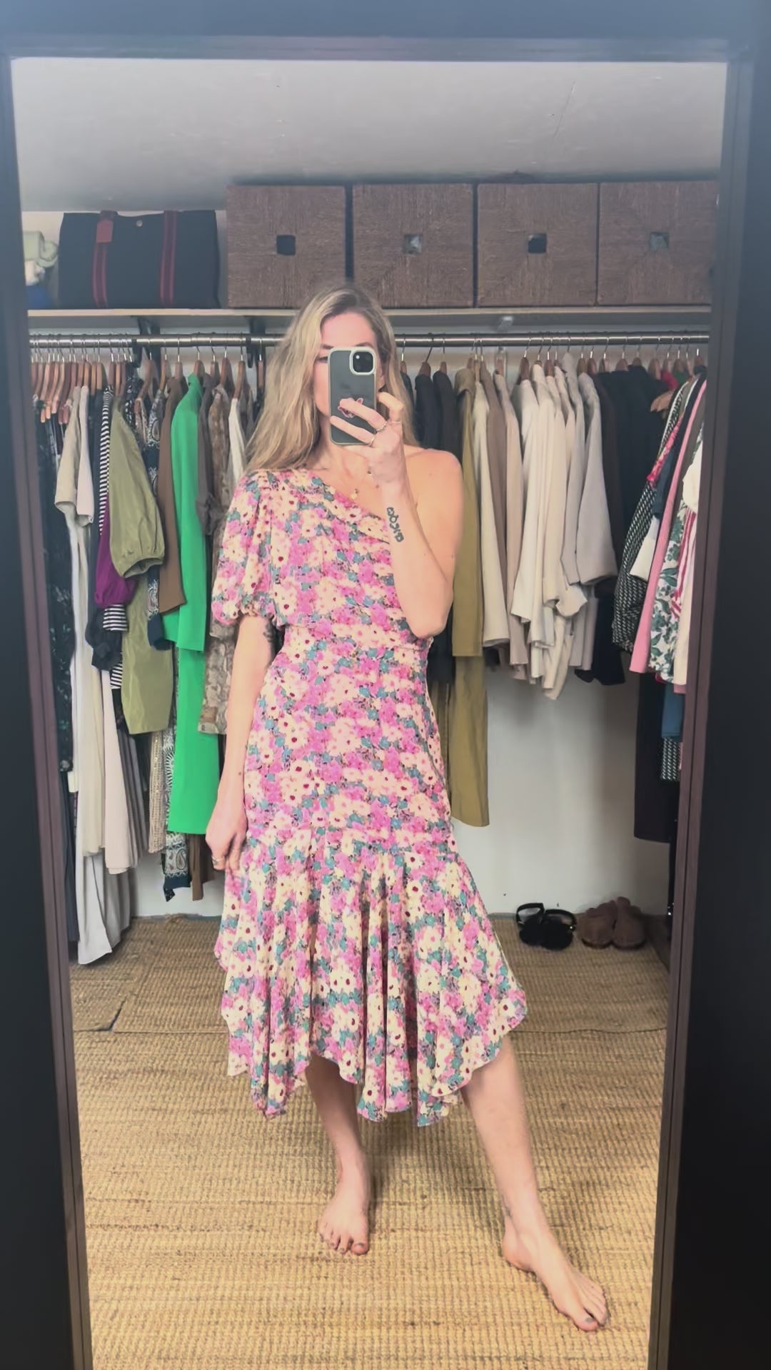 Revolve’s ASTR The Label Pink Floral One Puff Sleeve Asymmetrical Midi Dress