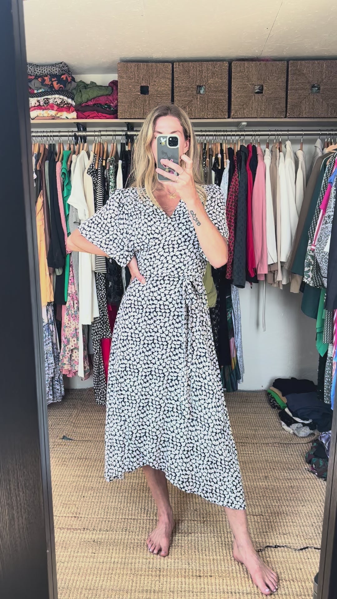 FRNCH Navy Blue Boho Cottagecore White Daisy Floral Print Maxi Wrap Dress