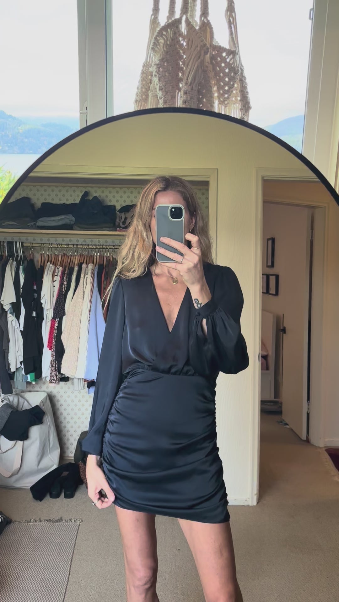 Ramy Brook Foxy Satin Navy Blue Ruched Long Sleeve V Neck Side Zip Mini Dress
