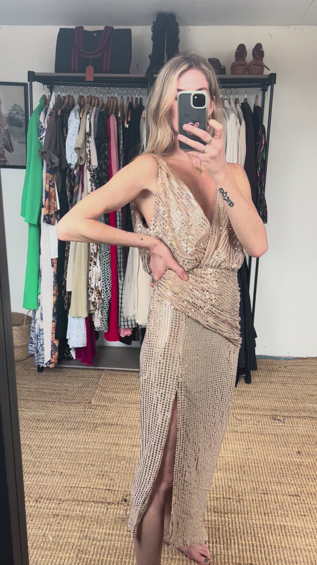 Zara Gold Sequin Sparkle Slit Sleeveless Low Cut V Neck Midi Ruched Disco Dress
