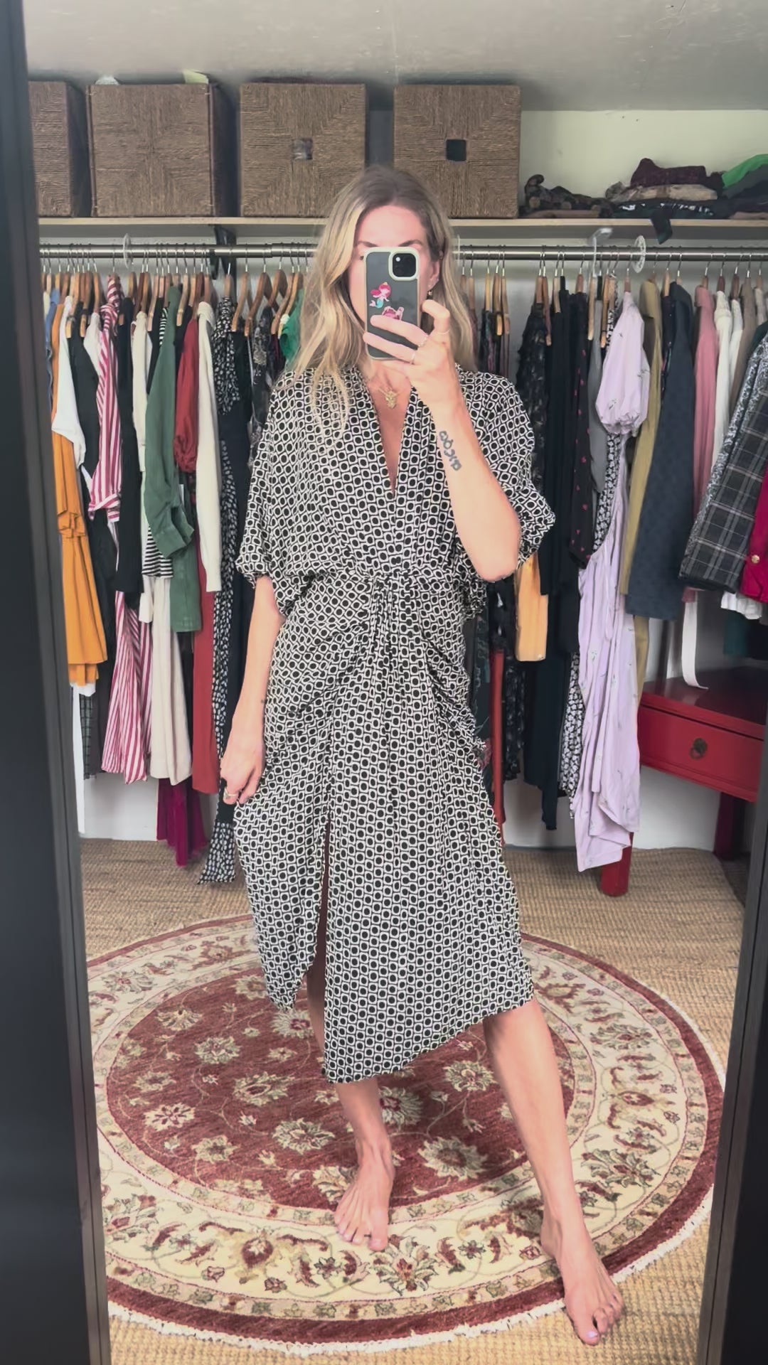 Bamboo Blonde Geo Print Ruched Slit V Neck Puff Sleeve Relaxed Fit Midi Dress