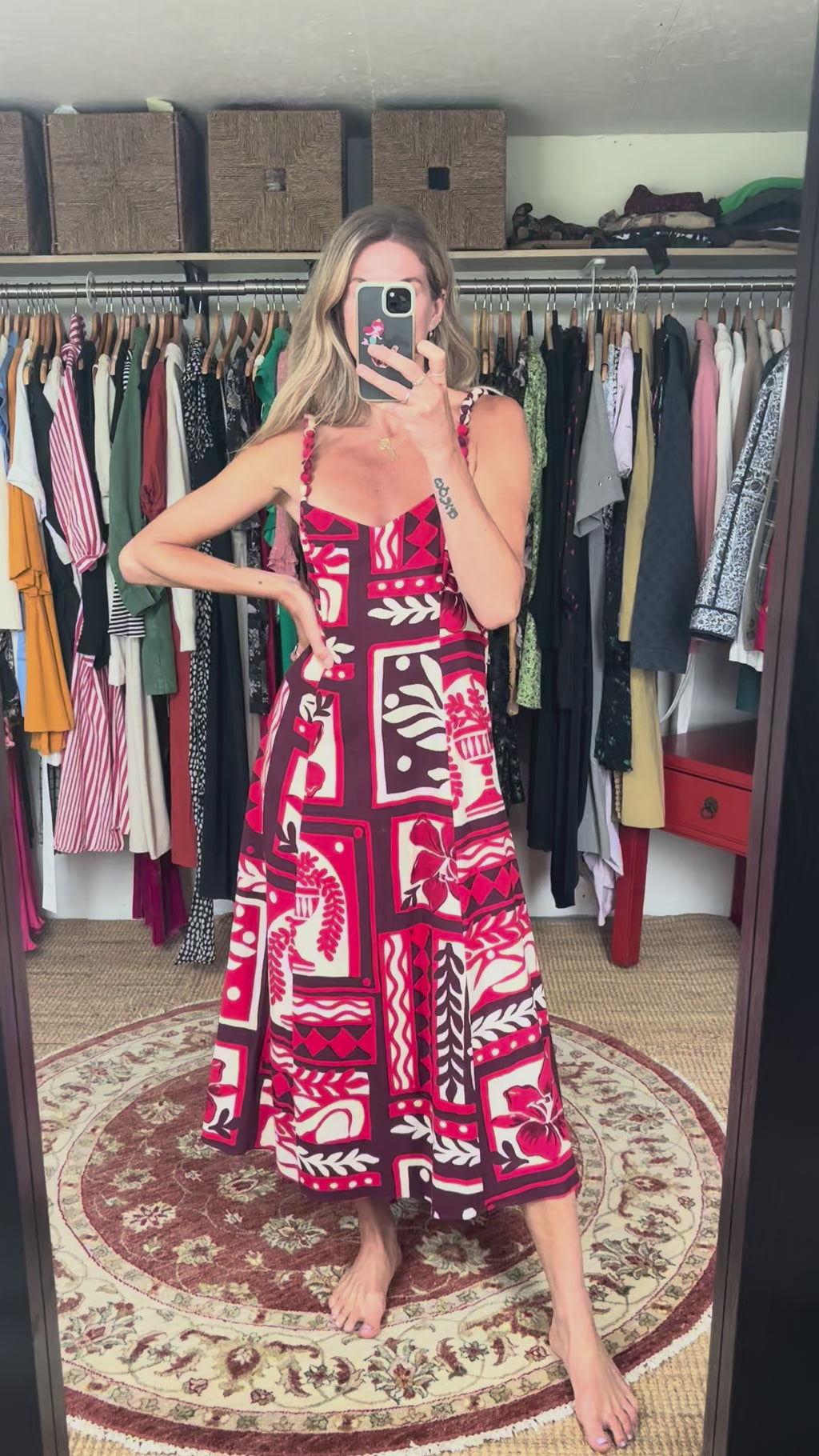 NWT Ever New Red Maroon and Cream Linen Blend Side Zip Floral Leaf Print Pom Pom Spaghetti Strap Maxi Midi Dress Sundress