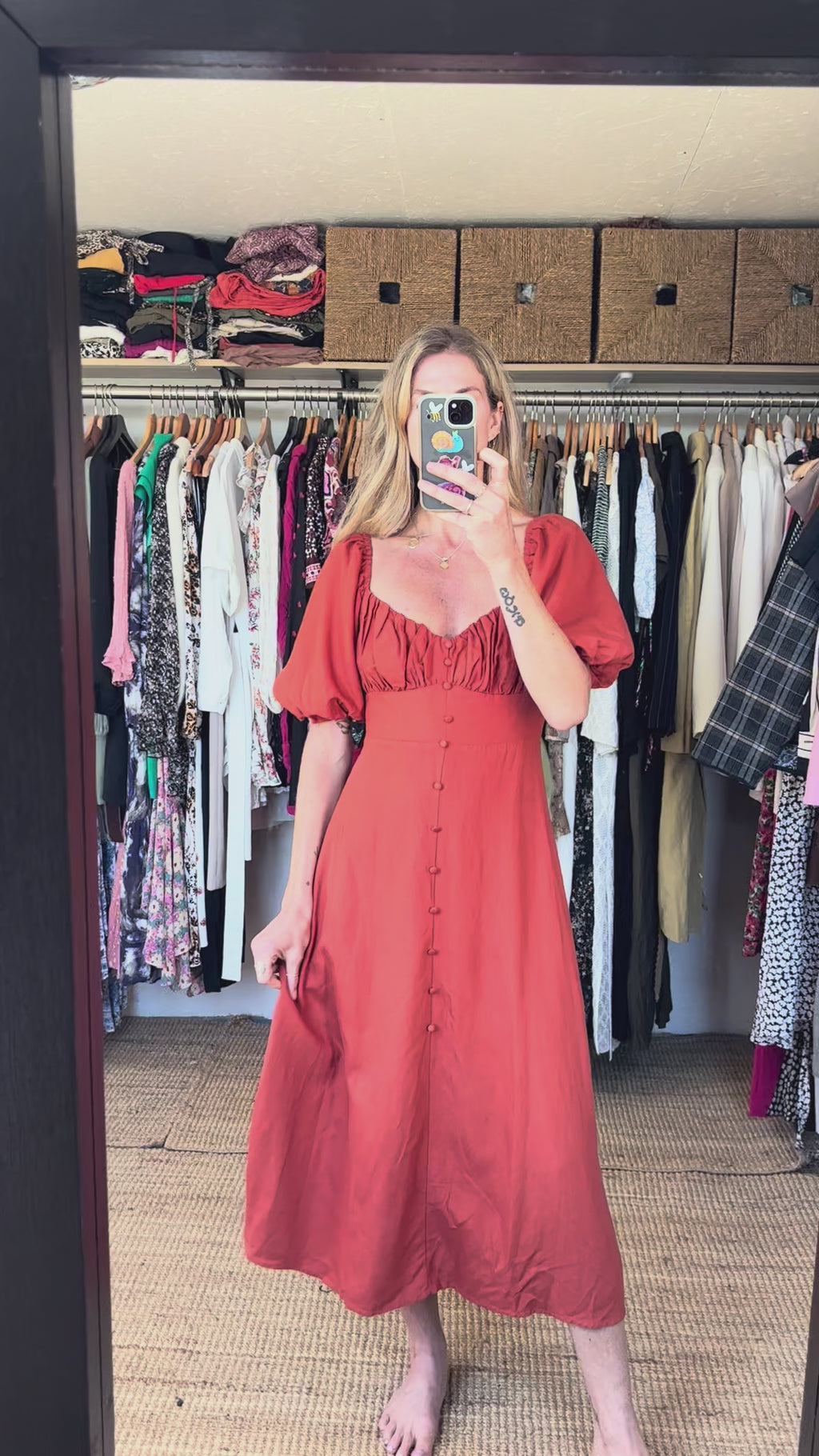 Revolve’s Madison The Label Burnt Orange Rust Linen Blend Puff Short Sleeve Button Down Midi Dress