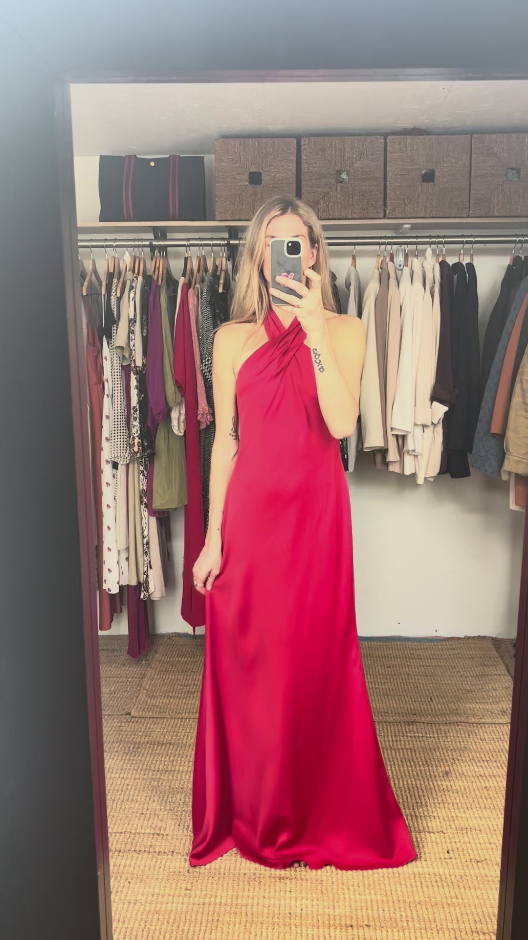 NWT BHLDN Anthropologie Red Halter Open Back Satin Effect Maxi Gown Dress