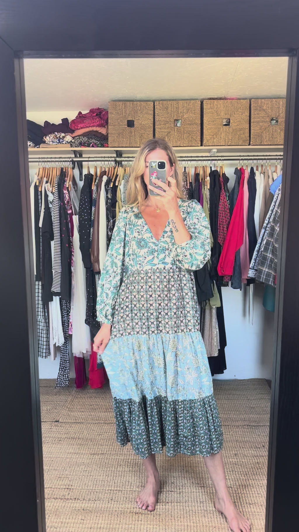 Zara Boho Floral Patchwork Print Tiered 100% Cotton Blue Boho Maxi Dress