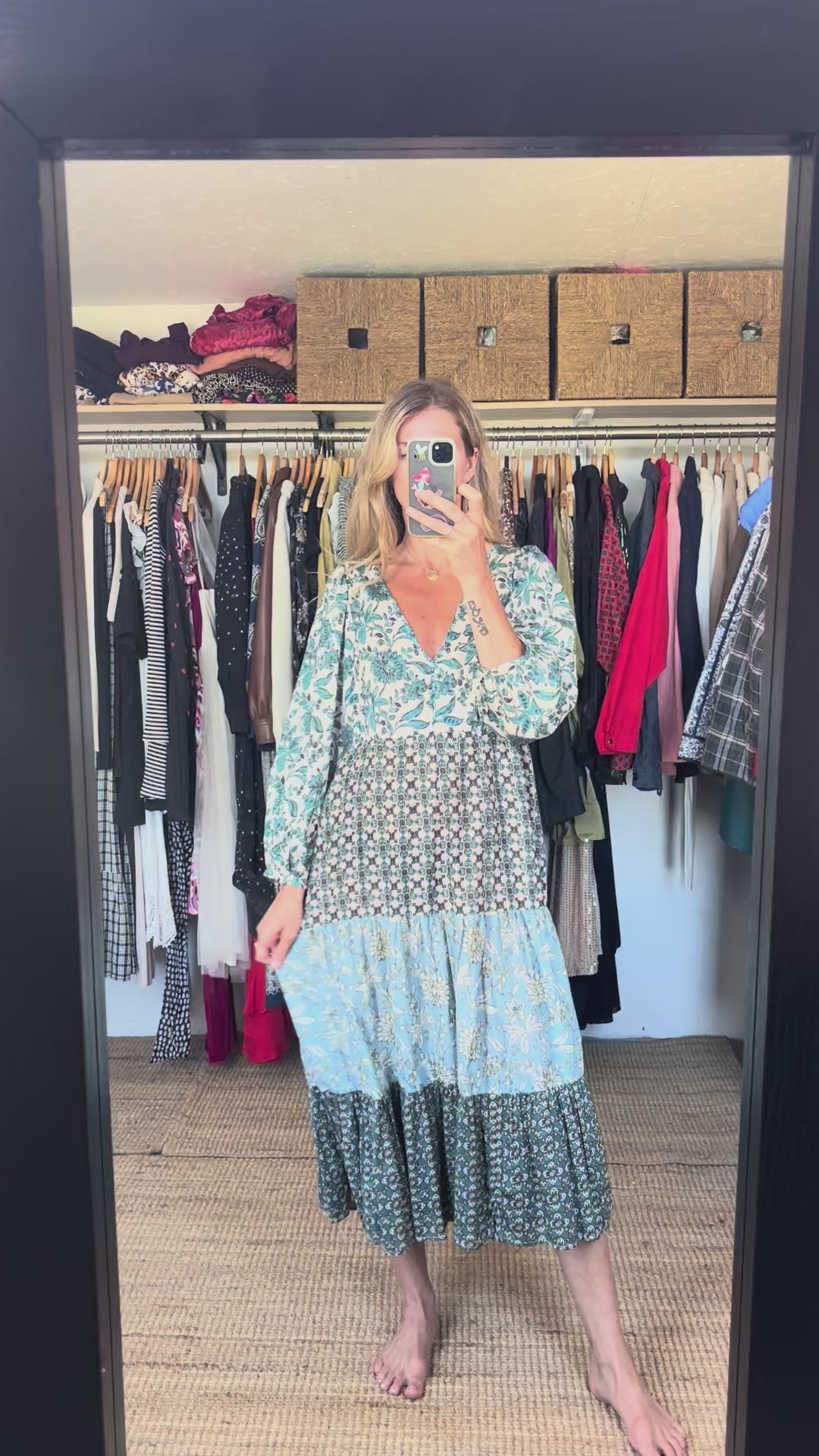 Zara Boho Floral Patchwork Print Tiered 100% Cotton Blue Boho Maxi Dress