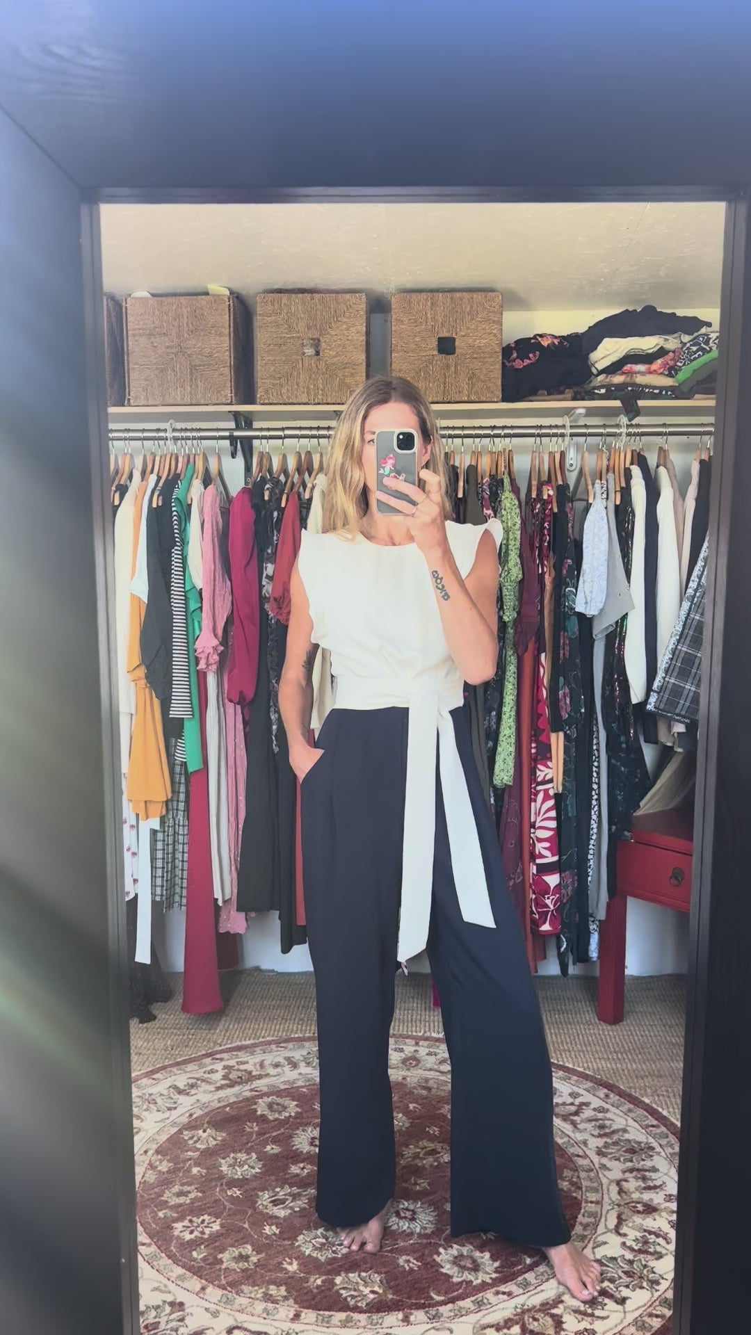 Phase Eight Ayla White Ruffle Two Tone Navy Blue Belted Pocket Wide Leg Tailored Jumpsuit
