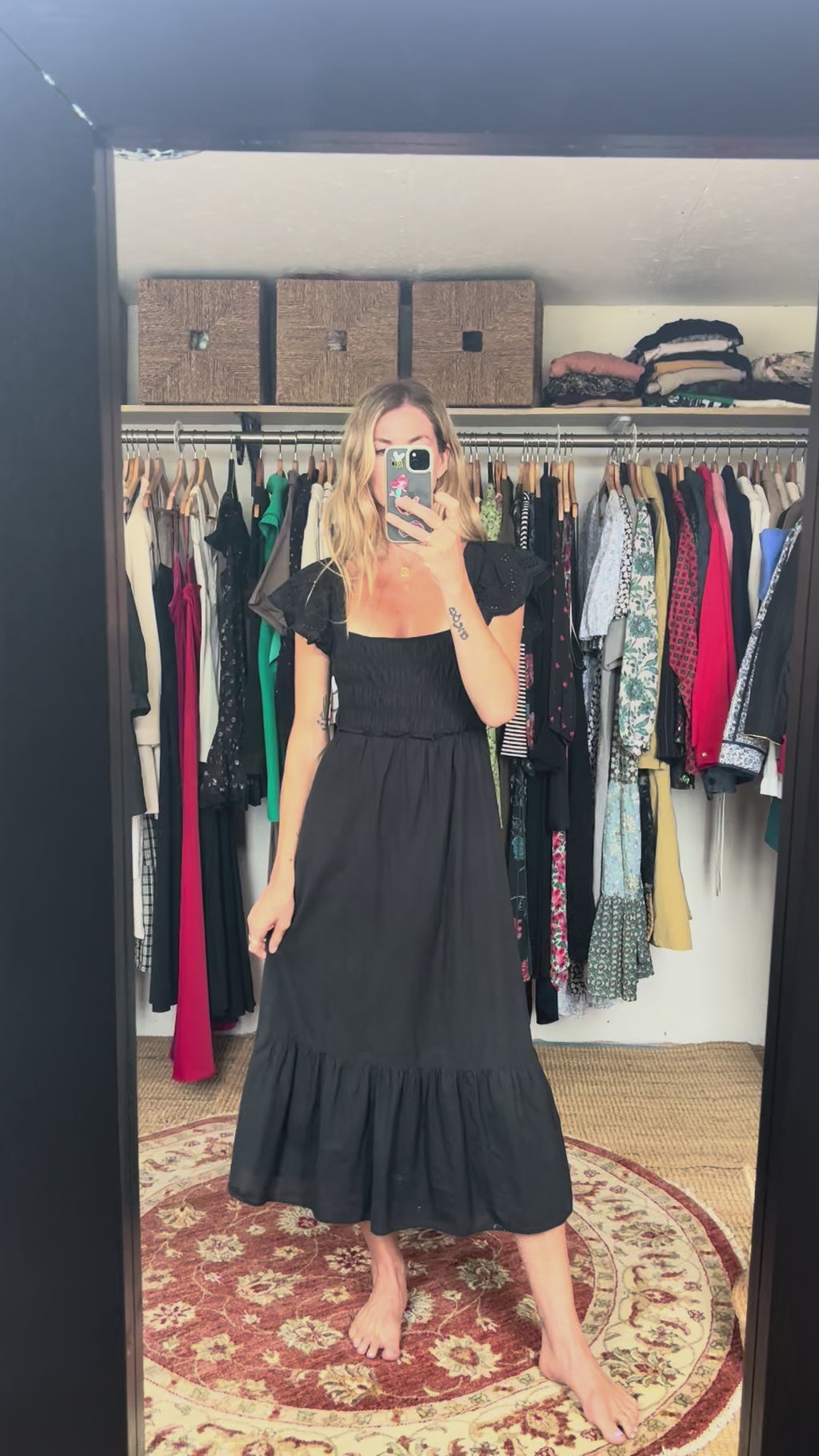 Zara Black 100% Cotton Open Back Backless Eyelet Midi Maxi Shirred Square Neckline Boho Prairie Dress
